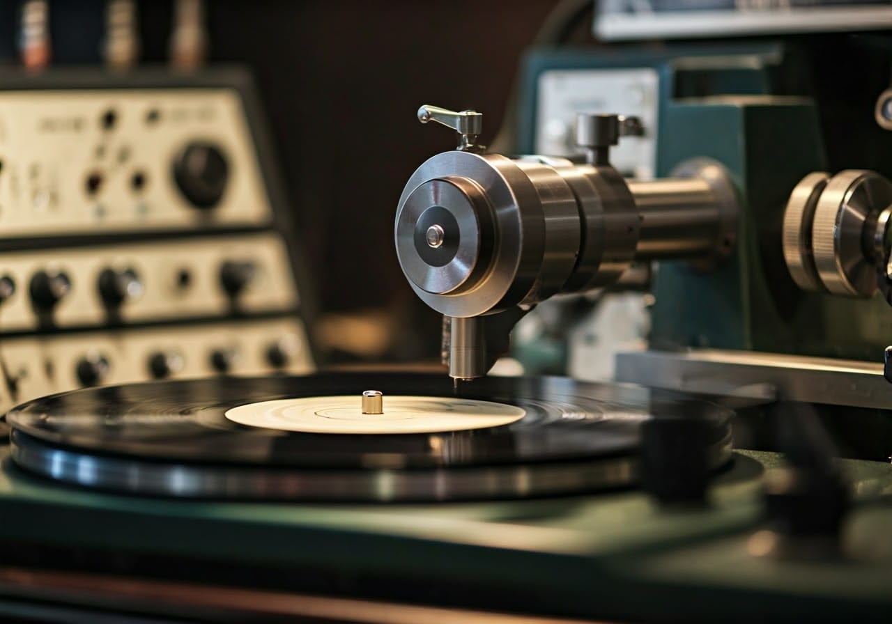 Close-up of a lacquer being cut on a lathe